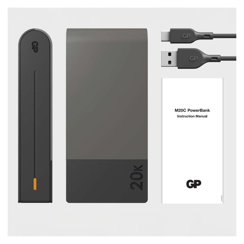 GP M2+ Series powerbank, 20 000 mAh, 22,5 W, siva