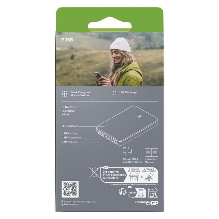 GP Powerbank B+ Series, 5 000 mAh, 12 W, zöldesszürke