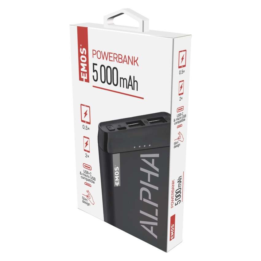 Power bank EMOS Alpha 5, 5000 mAh, čierny + kabel USB-C