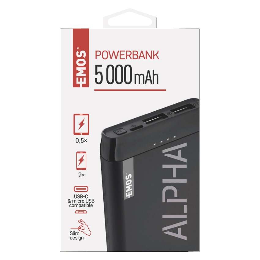 Power bank EMOS Alpha 5, 5000 mAh, čierny + kabel USB-C