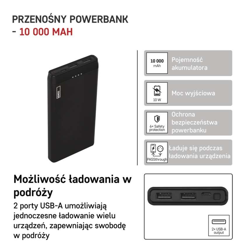 Powerbank EMOS ALPHA 10S, 10 000 mAh, 10 W, czarny