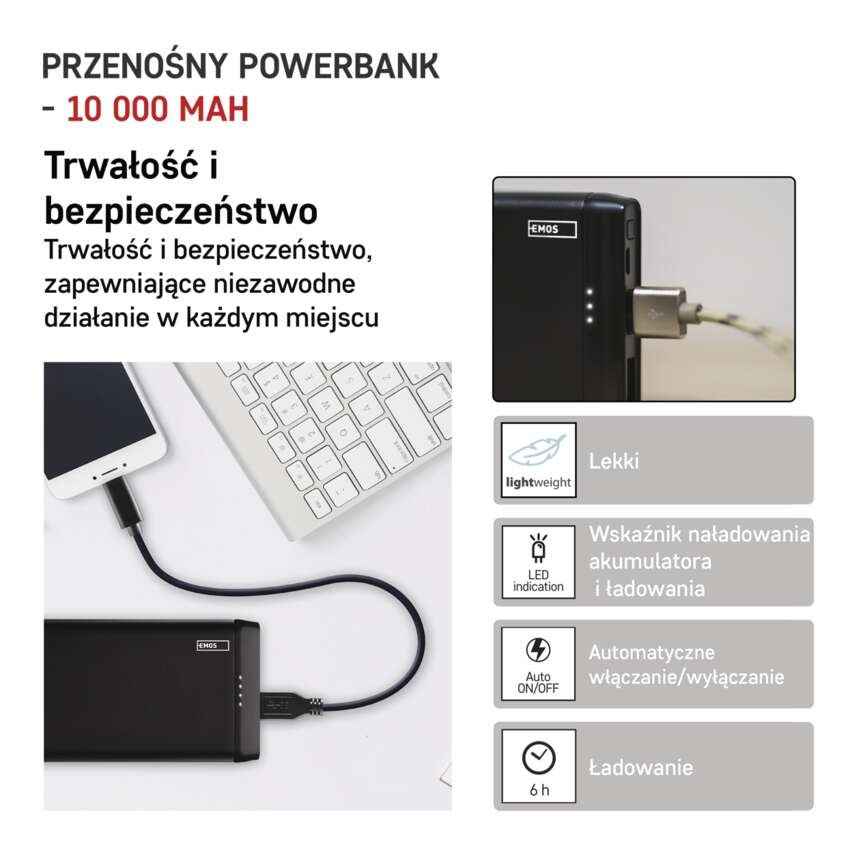 Powerbank EMOS ALPHA 10S, 10 000 mAh, 10 W, czarny