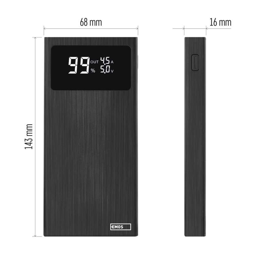 Powerbank EMOS BetaQ 10, 10 000 mAh, 22,5 W, schwarz
