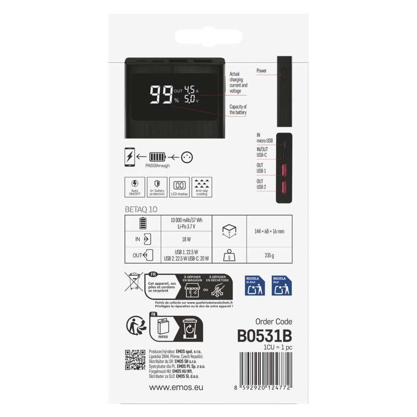Powerbank EMOS BetaQ 10, 10 000 mAh, 22,5 W, schwarz