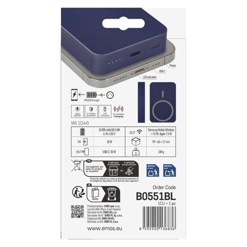 EMOS Powerbank WI 1046, 10 000 mAh, 20 W+Wireless, kék