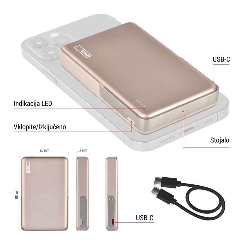EMOS powerbank EMOS WI 1031, 10 000 mAh, 20 W + wireless, rožnato-zlata