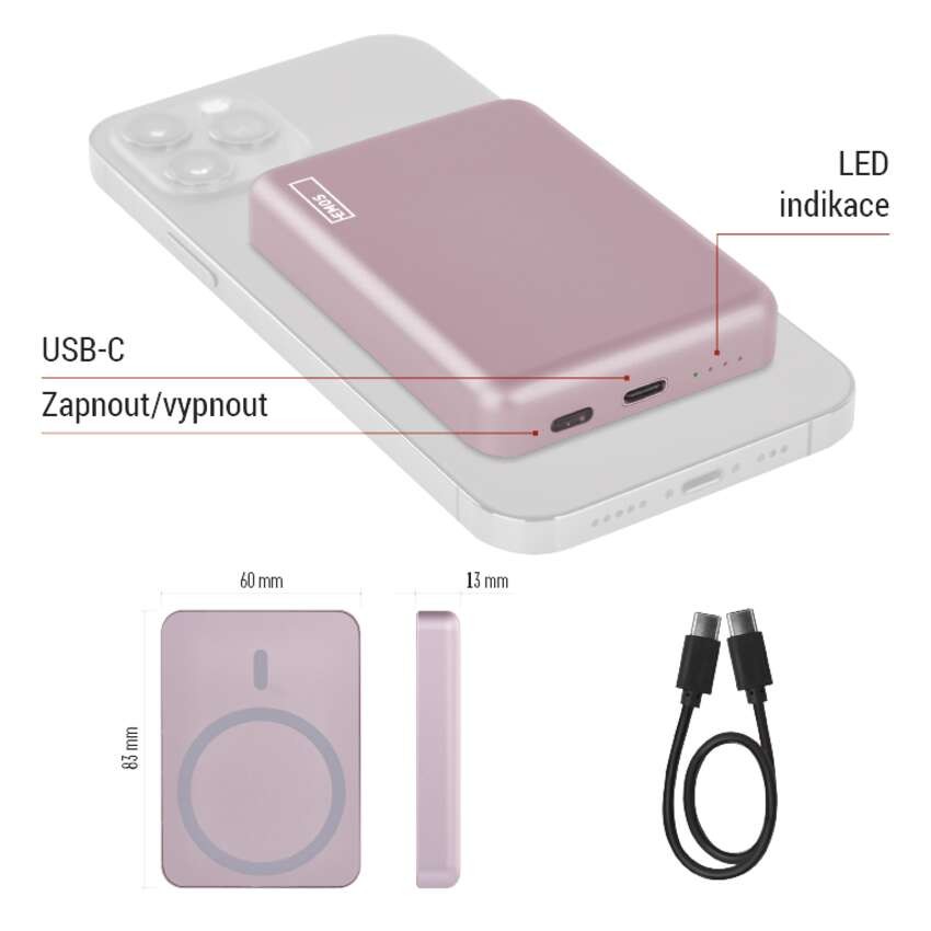 Powerbanka EMOS WI 522, 5 000 mAh, 20 W+Wireless, lososová
