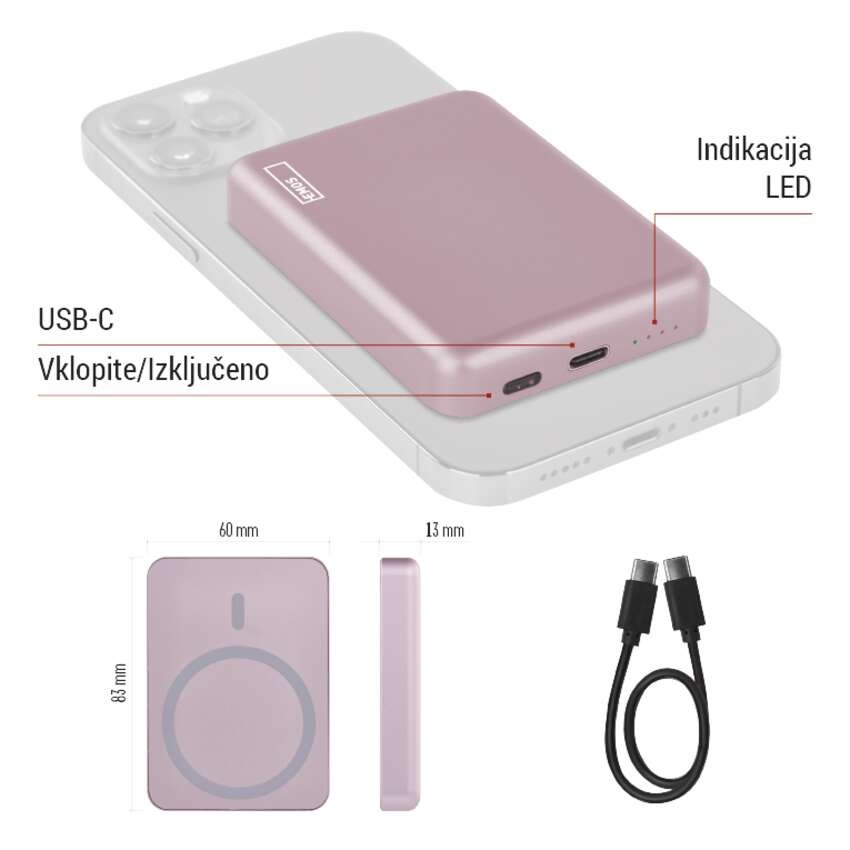 EMOS powerbank WI 522, 5 000 mAh, 20 W+Wireless, lososova