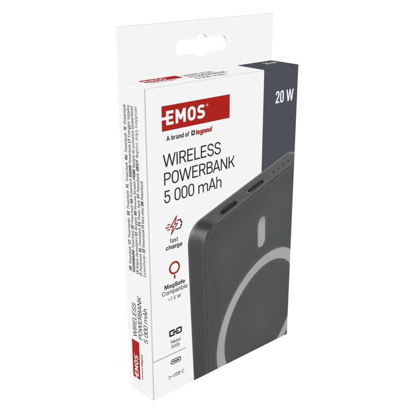 EMOS Powerbank WI 522, 5 000 mAh, 20 W+Wireless, szürke