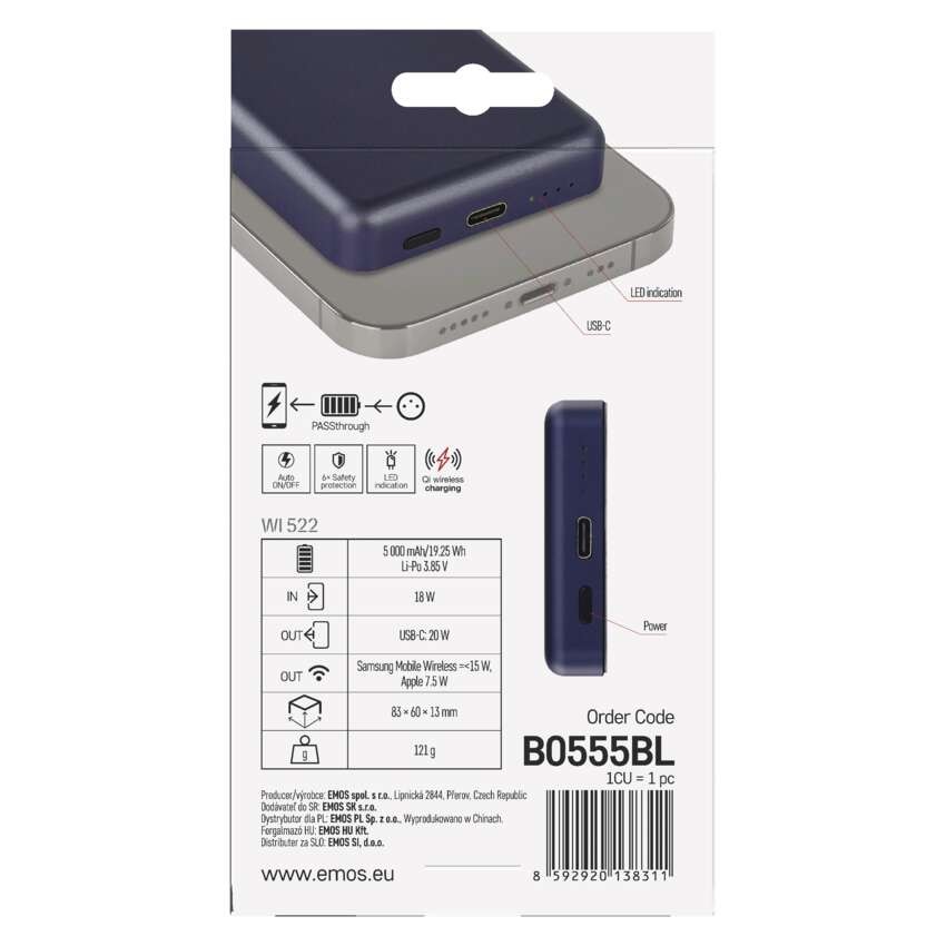EMOS Powerbank WI 522, 5 000 mAh, 20 W+Wireless, kék
