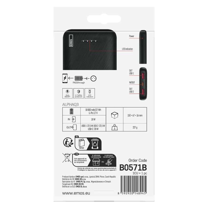 EMOS AlphaQ3 powerbank, 10 000 mAh, 22,5 W, črni