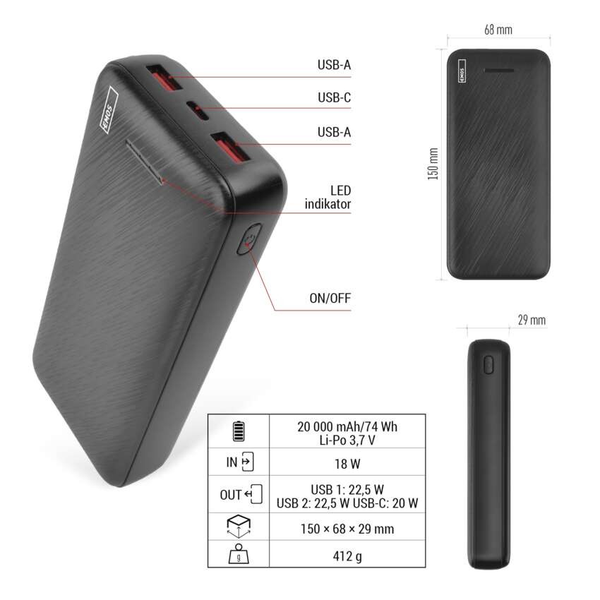 EMOS AlphaQ3 powerbank, 20 000 mAh, 22,5 W, črni