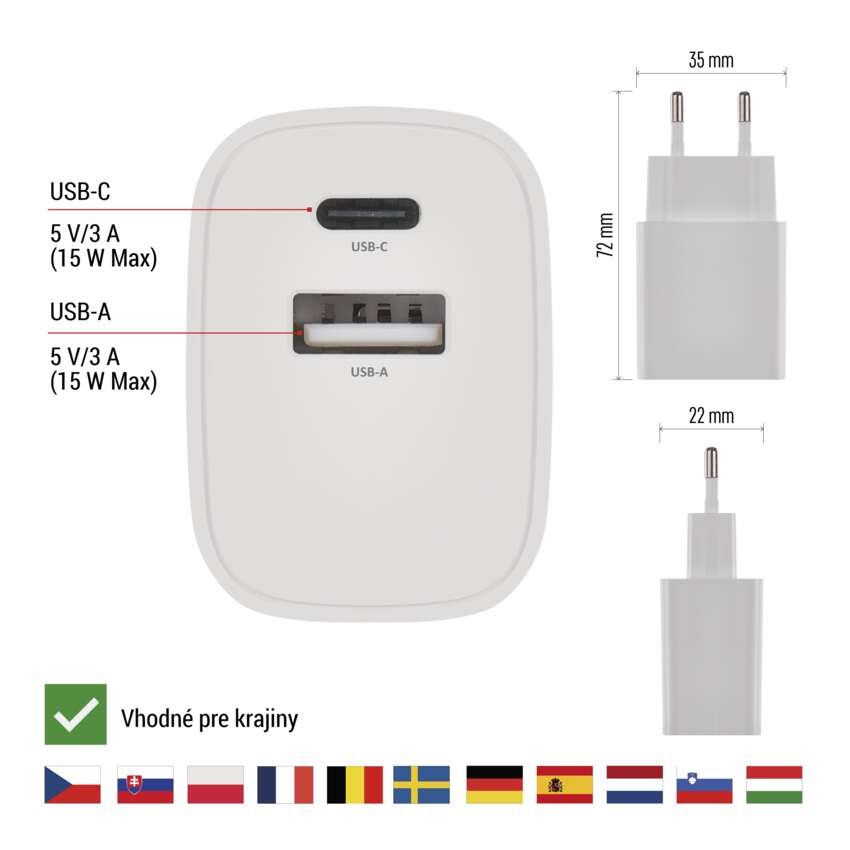 Univerzálny USB adaptér BASIC do siete 15 W max.