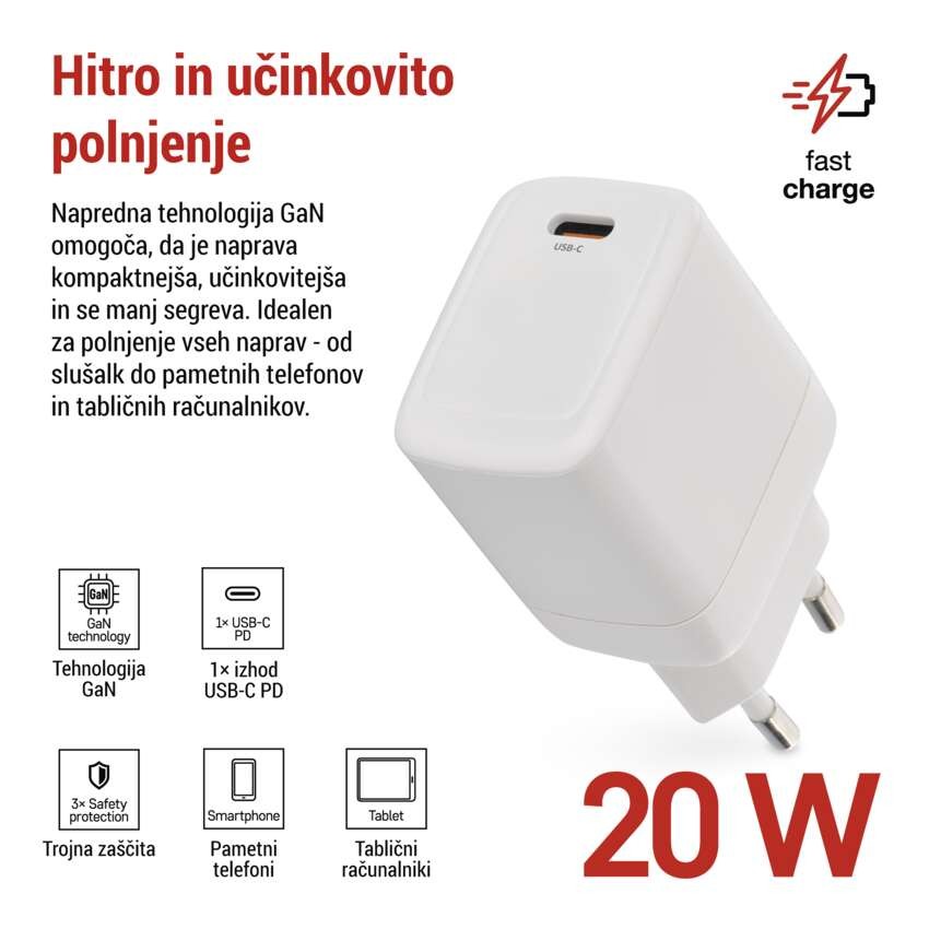 USB polnilec hišni GaN PD 20 W max.