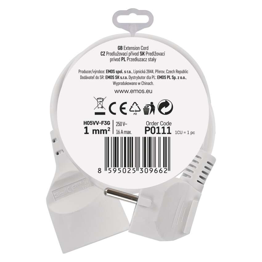 Prodlužovací kabel 1,5 m / 1 zásuvka / bílý / PVC / 1 mm2