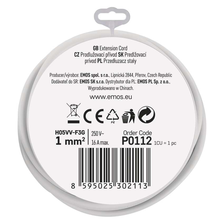 Przedłużacz 2 m / 1 gniazdo / biały / PVC / 1 mm2