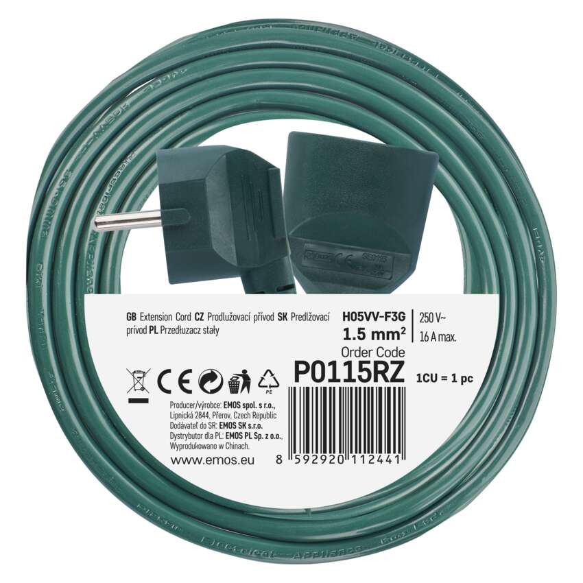Predlžovací kábel 5 m / 1 zásuvka / zelený / PVC / 1,5 mm2