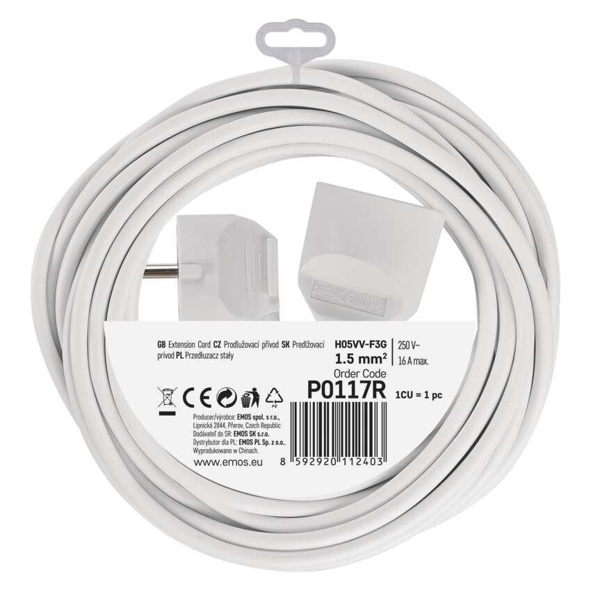 Przedłużacz 7 m / 1 gniazdo / biały / PVC / 1,5 mm2