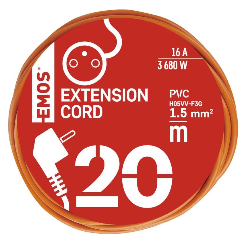 Przedłużacz 20 m / 1 gniazdo / pomarańczowy / PVC / 230 V / 1,5 mm2