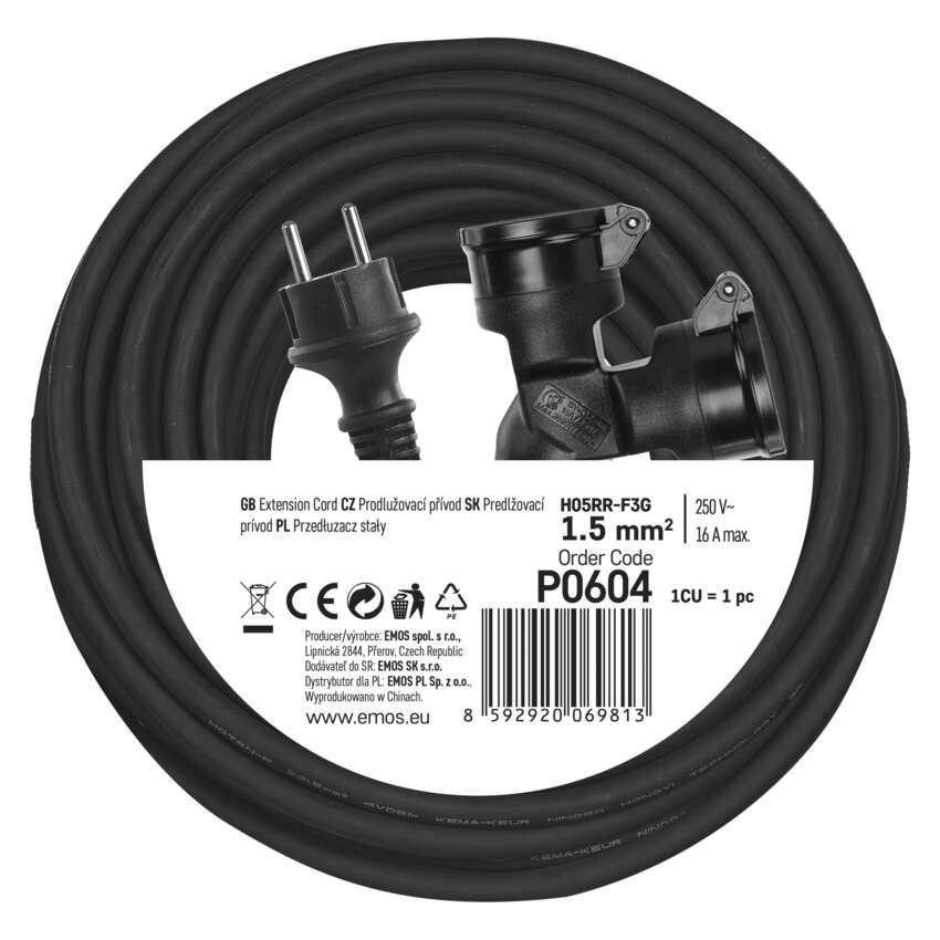 Przedłużacz ogrodowy 25 m / 2 gniazda / czarny / guma / 230 V / 1,5 mm2