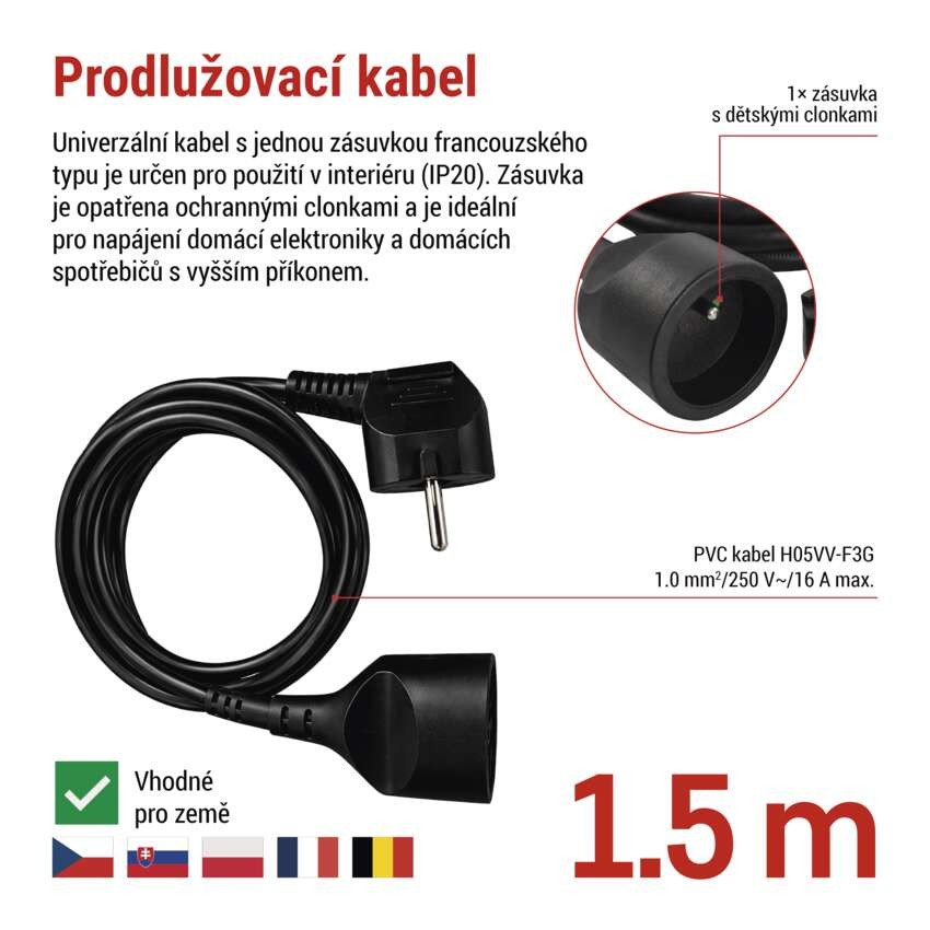 Prodlužovací kabel 1,5 m / 1 zásuvka / černý / PVC / 1 mm2