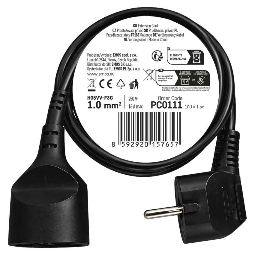 Prodlužovací kabel 1,5 m / 1 zásuvka / černý / PVC / 1 mm2