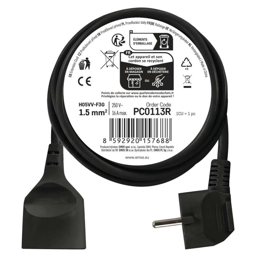 Prodlužovací kabel 3 m / 1 zásuvka / černý / PVC / 1,5 mm2