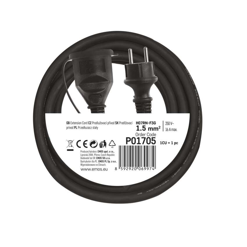 Vonkajší predlžovací kábel 5 m / 1 zásuvka / čierny / guma-neoprén / 230 V / 1,5 mm2