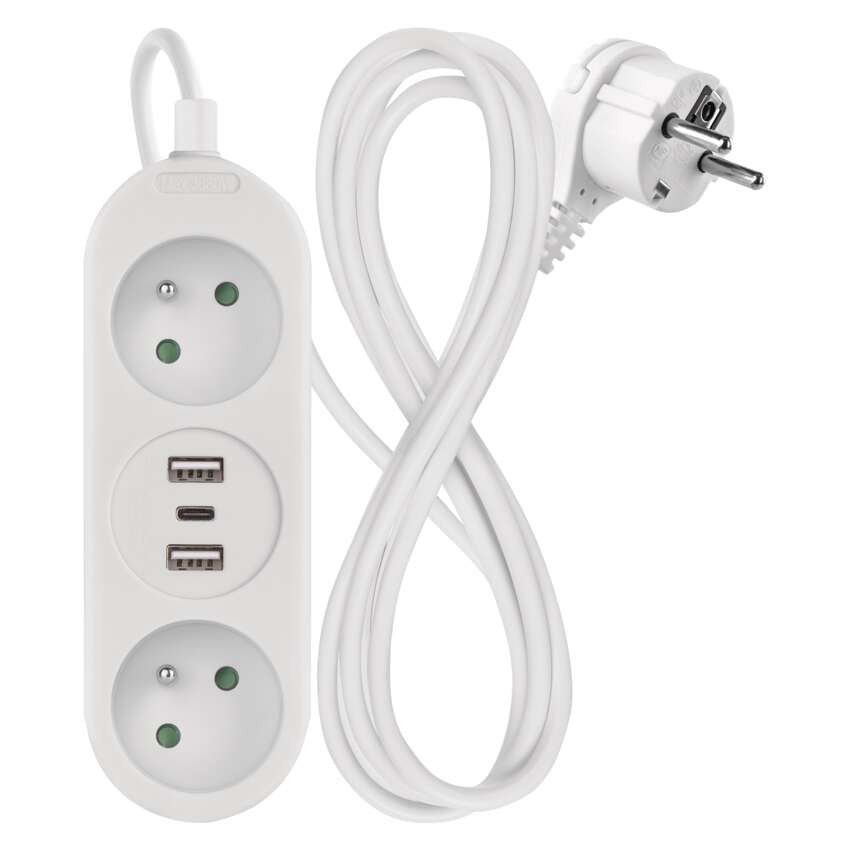 Prodlužovací kabel 1,4 m / 2 zásuvky+2×USB-A+1×USB-C / bílý / PVC / 1,5 mm2