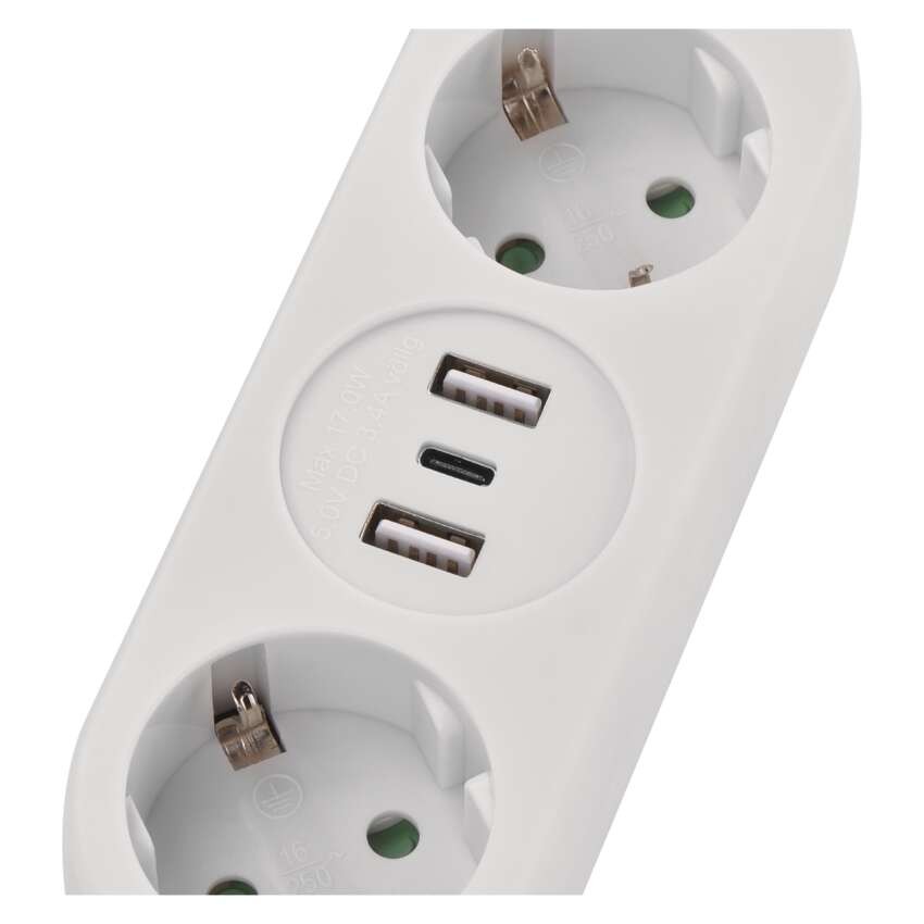 Steckdosenleiste – 2 Steckdosen+2×USB A+1×USB C, 1,5m, 1,5mm2, weiss