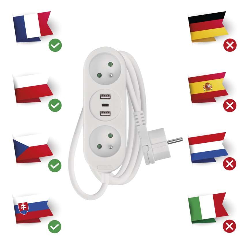 Predlžovací kábel 2 m / 2 zásuvky+2×USB A+1×USB C / biely / PVC / 1 mm2