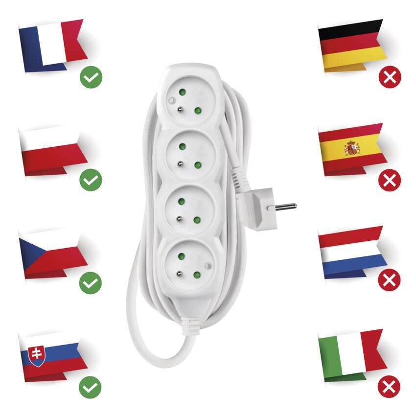 Predlžovací kábel 5 m / 4 zásuvky / biely / PVC / 1,5 mm2