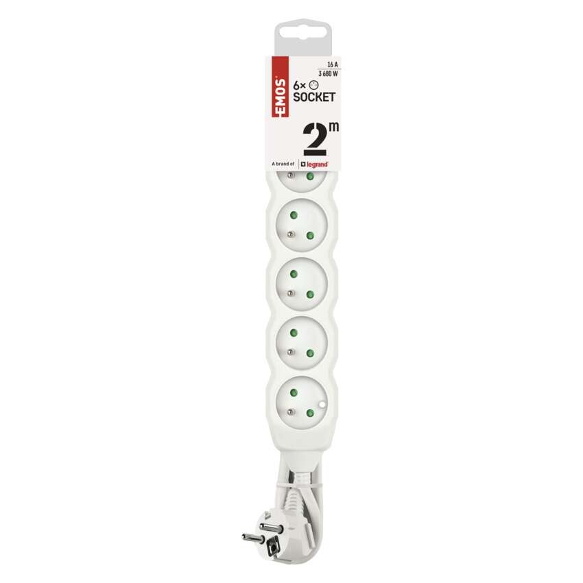 Predlžovací kábel 2 m / 6 zásuviek / biely / PVC / 1 mm2