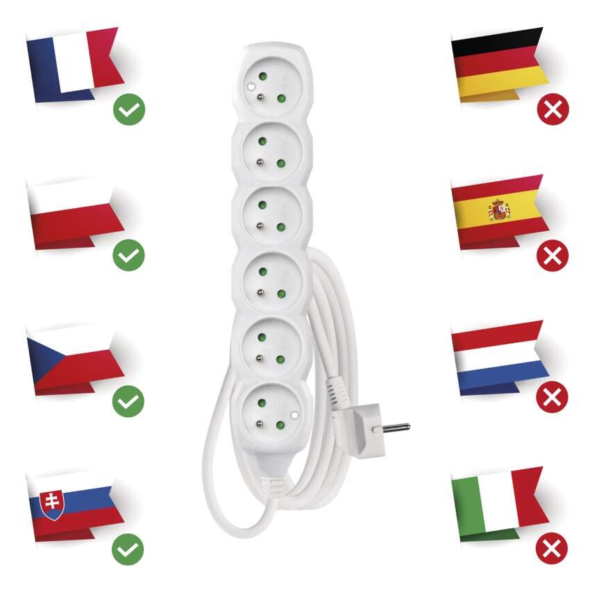 Przedłużacz 3 m / 6 gniazd / biały / PVC / 1 mm2