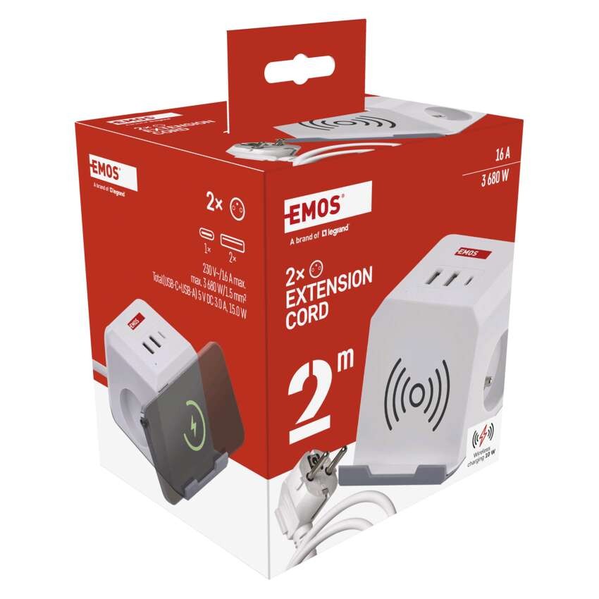 Predlžovací kábel - kocka 2 m / 2 zásuvky / biely / 2×USB-A + 1×USB-C+Qi / 1,5 mm2