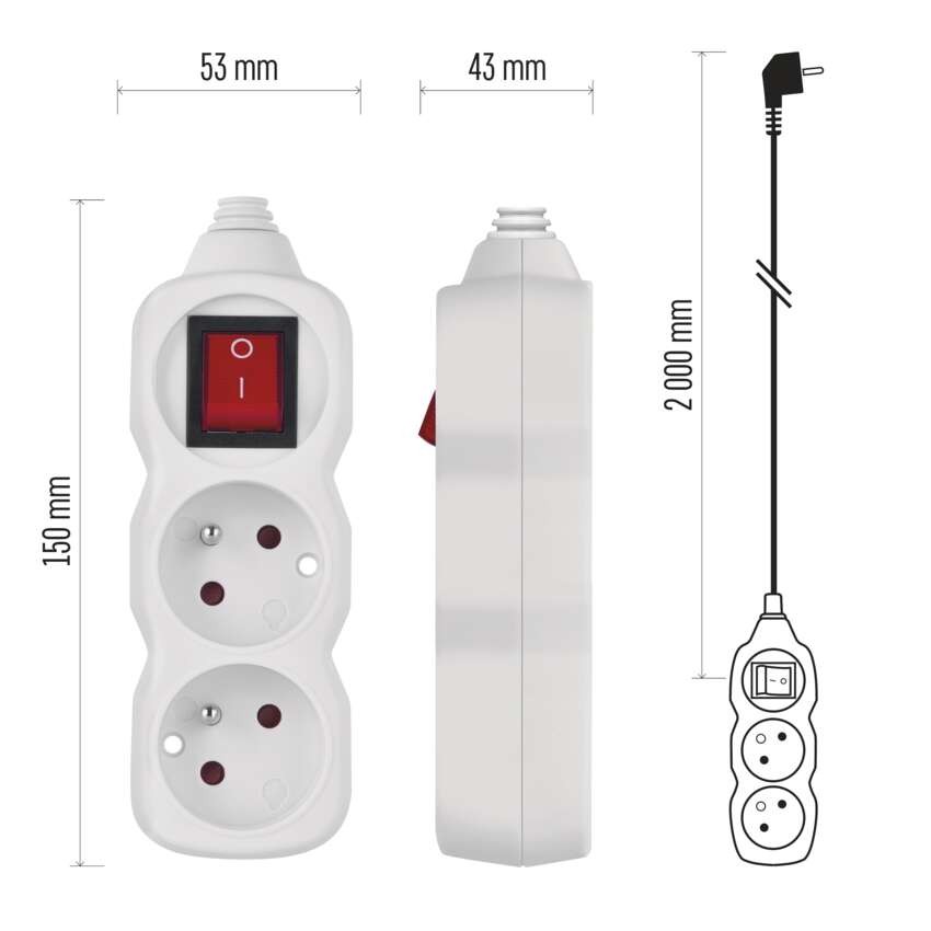 Predlžovací kábel 2 m / 2 zásuvky / s vypínačom / biely / PVC / 1 mm2
