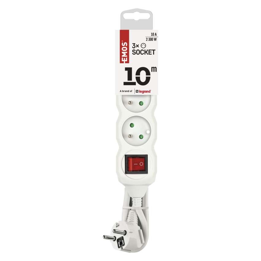 Prodlužovací kabel 10 m / 3 zásuvky / s vypínačem / bílý / PVC / 1 mm2
