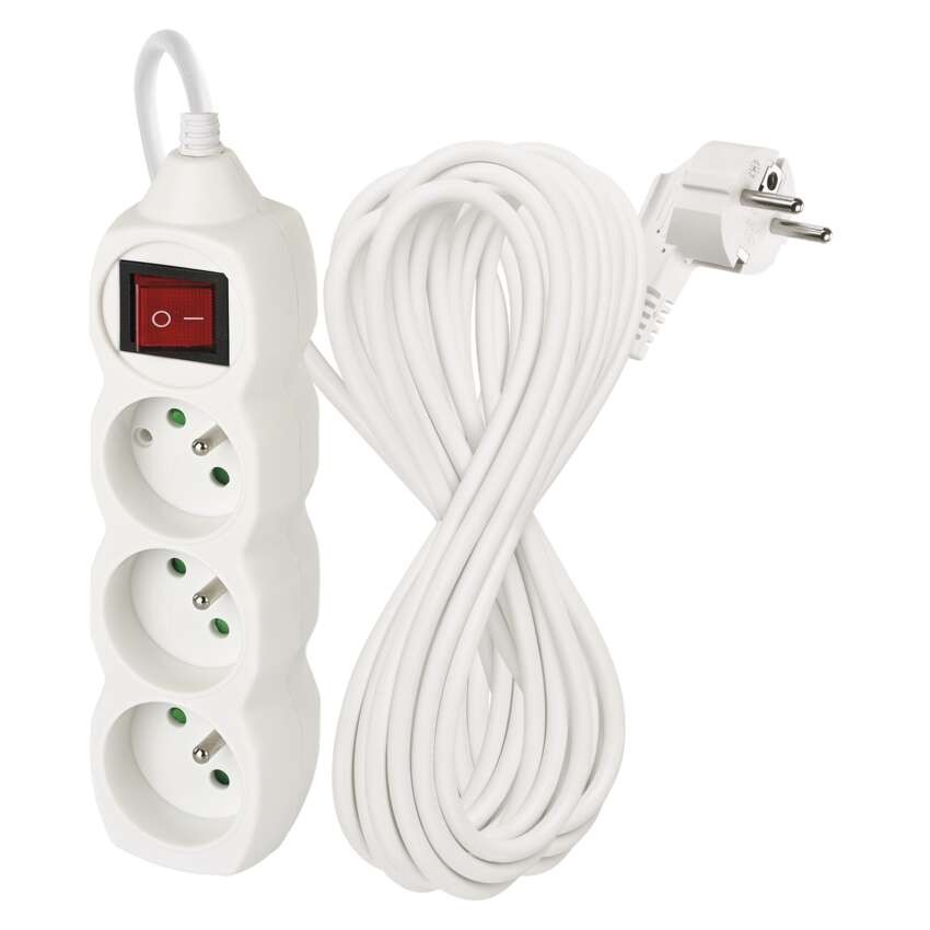 Prodlužovací kabel 10 m / 3 zásuvky / s vypínačem / bílý / PVC / 1,5 mm2