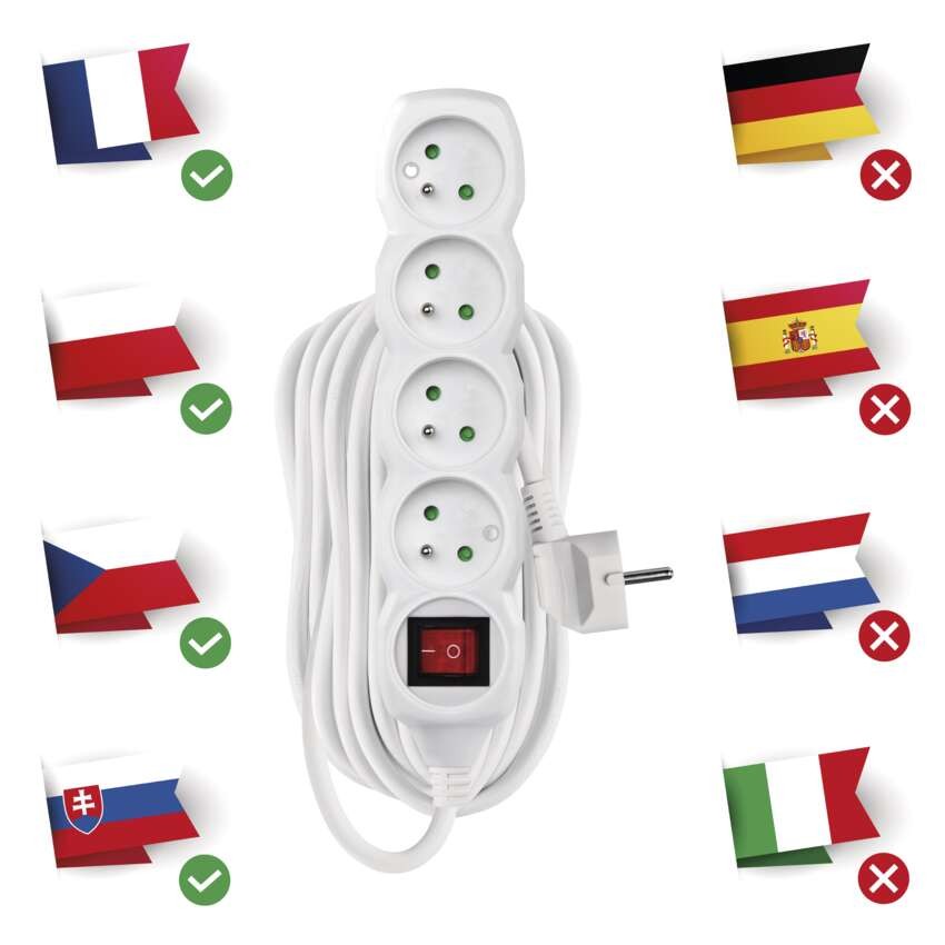 Predlžovací kábel 7 m / 4 zásuvky / s vypínačom / biely / PVC / 1,5 mm2