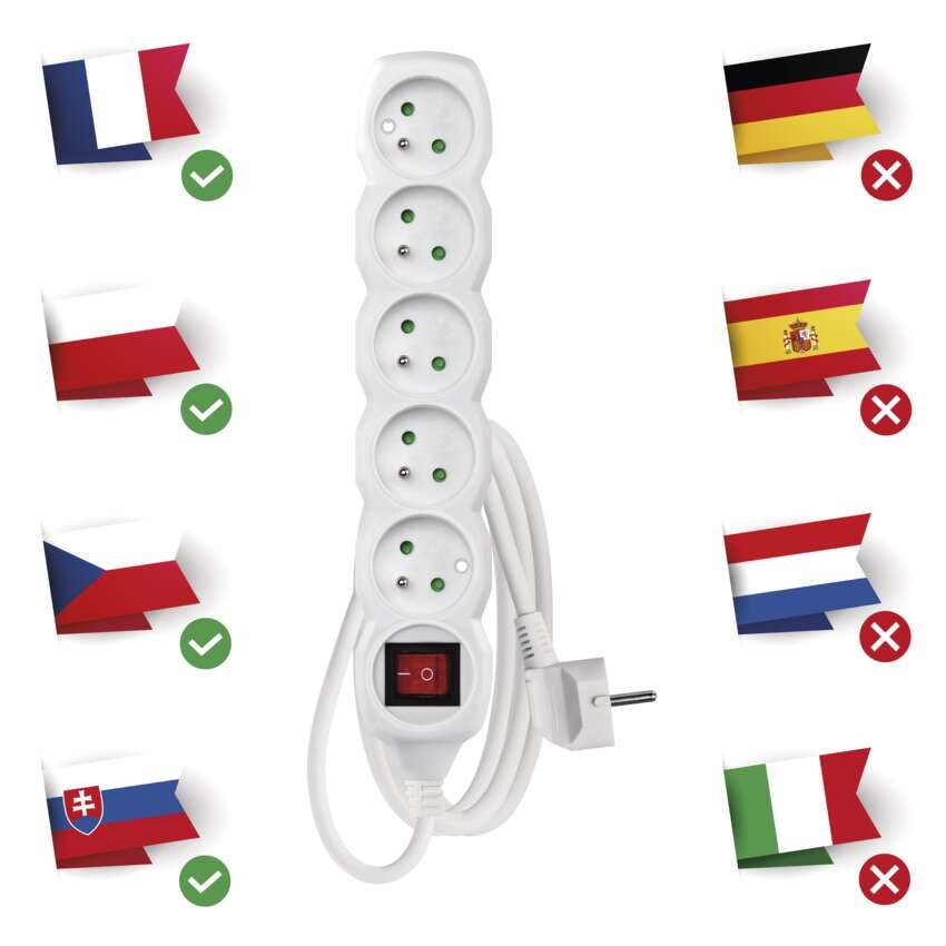 Predlžovací kábel 2 m / 5 zásuviek / s vypínačom / biely / PVC / 1 mm2