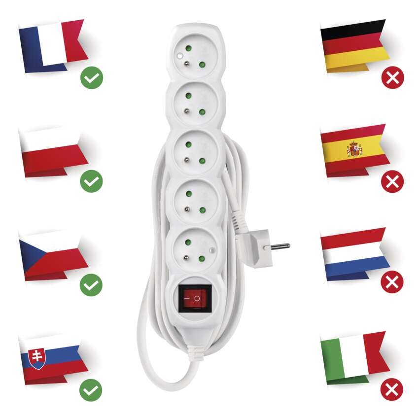 Prodlužovací kabel 3 m / 5 zásuvek / s vypínačem / bílý / PVC / 1 mm2