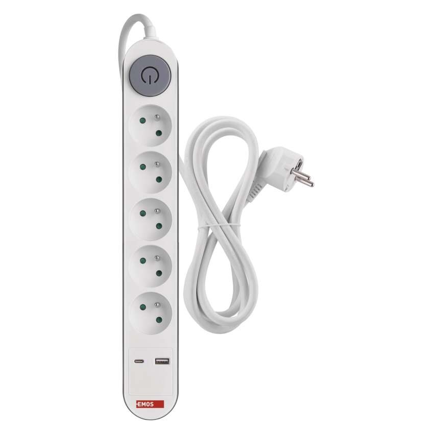Prodlužovací kabel 3 m / 5 zásuvky / s vypínačem / bílý / 1×USB-A + 1×USB-C / 1,5 mm2
