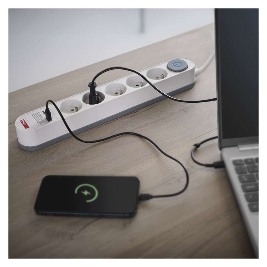 Prodlužovací kabel 3 m / 5 zásuvky / s vypínačem / bílý / 1×USB-A + 1×USB-C / 1,5 mm2