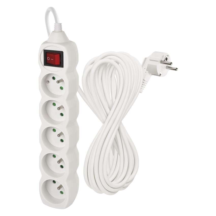 Prodlužovací kabel 10 m / 5 zásuvek / s vypínačem / bílý / PVC / 1 mm2