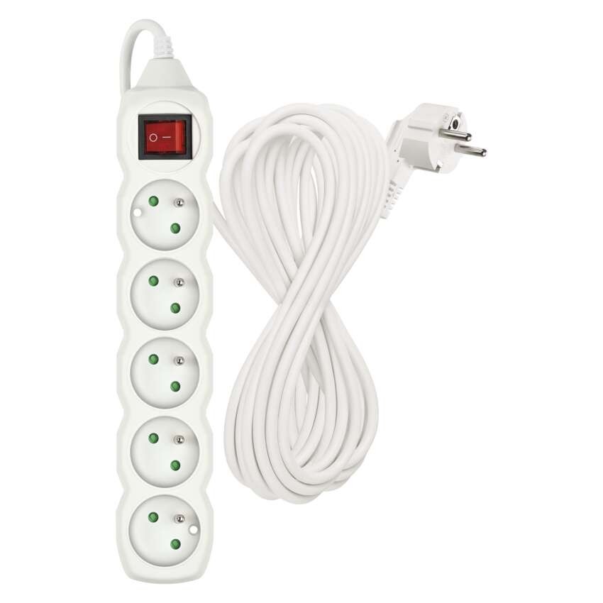 Prodlužovací kabel 10 m / 5 zásuvek / s vypínačem / bílý / PVC / 1 mm2