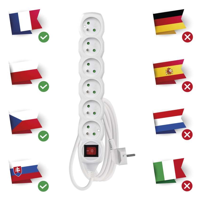 Predlžovací kábel 3 m / 6 zásuviek / s vypínačom / biely / PVC / 1,5 mm2