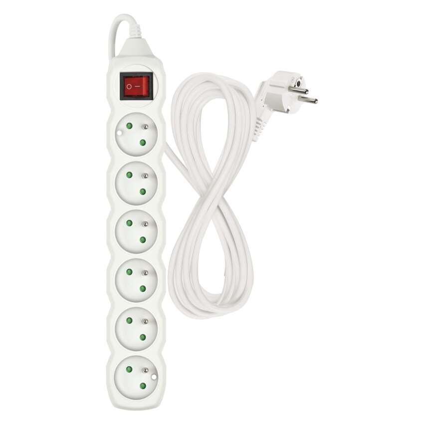Prodlužovací kabel 5 m / 6 zásuvek / s vypínačem / bílý / PVC / 1 mm2