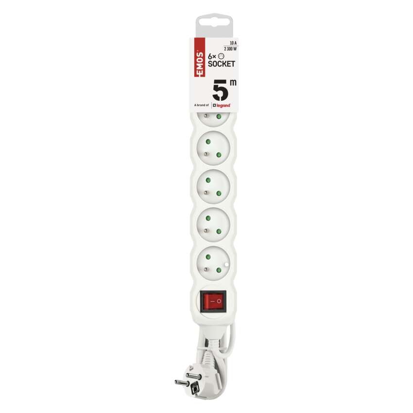 Prodlužovací kabel 5 m / 6 zásuvek / s vypínačem / bílý / PVC / 1 mm2