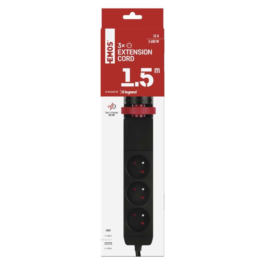 Przedłużacz 1,5 m/3 gniazda/przełącznik/uchwyt biurkowy/USB/czarny/PVC/1,5 mm2