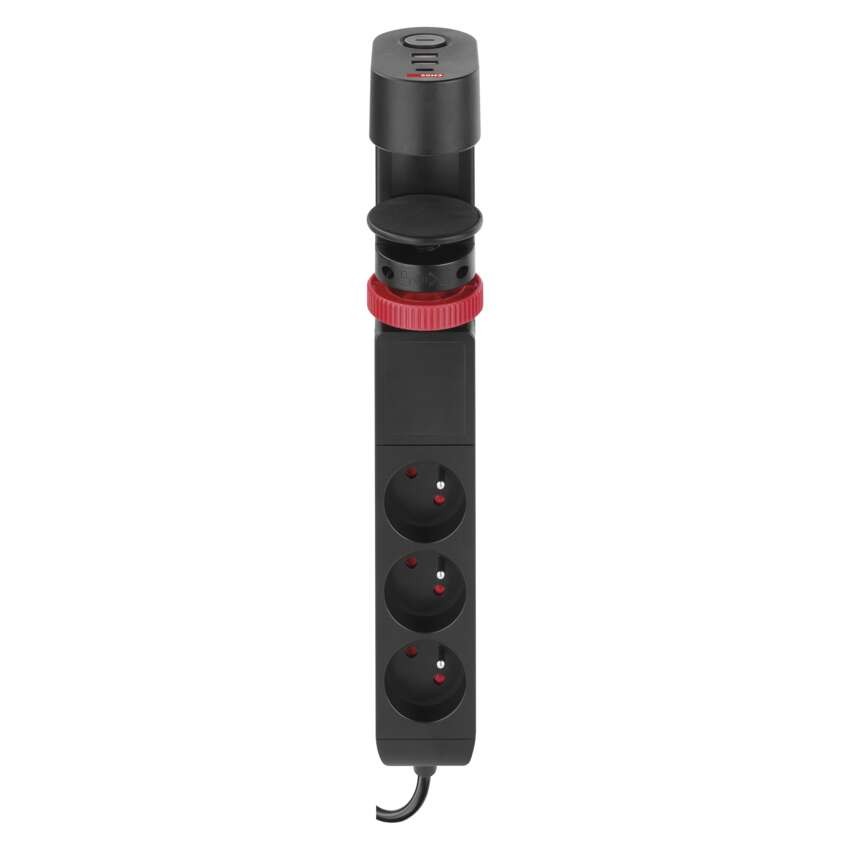 Przedłużacz 1,5 m/3 gniazda/przełącznik/uchwyt biurkowy/USB/czarny/PVC/1,5 mm2
